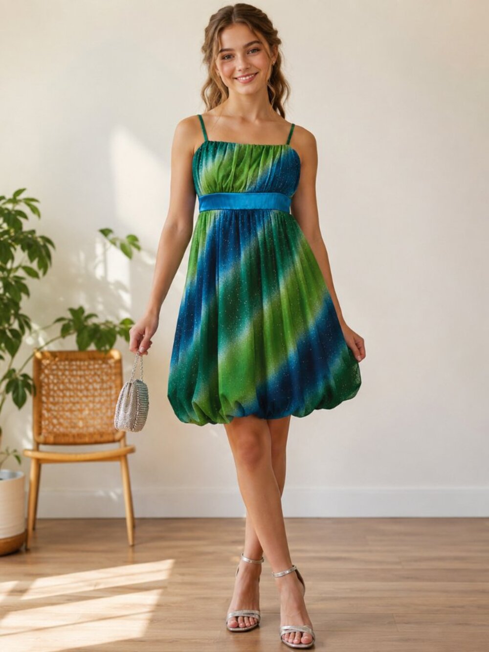 IZ Byer California VTG SZ 4/6 Empire Waist Sparkle Fabric Balloon Hem Dress